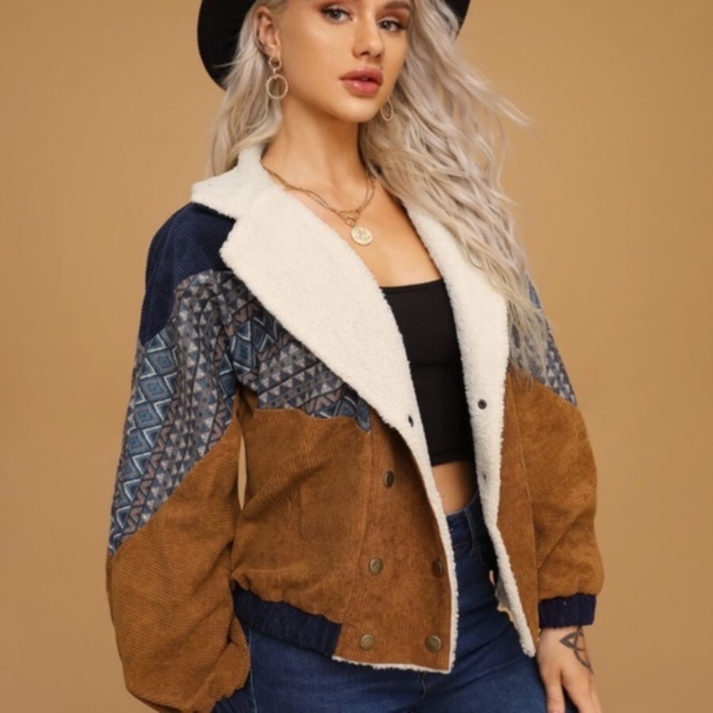 Camel Corduroy shearling line tribal Button Jacket - Picture 2 of 8